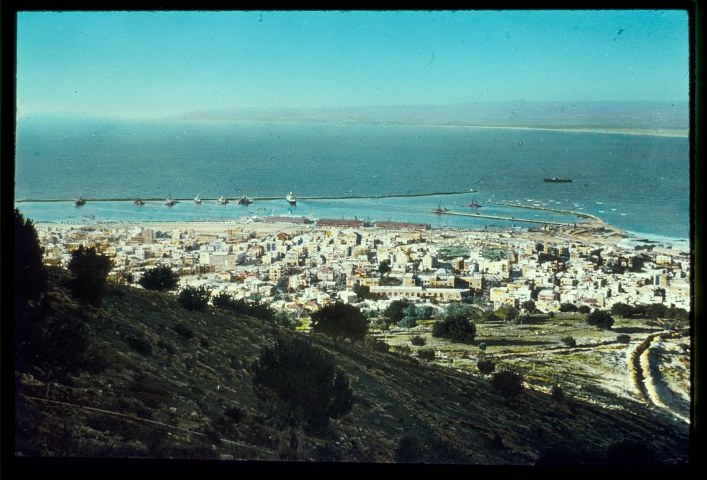 Along the Mediterranean coast, southward. Haifa from Mt. Carmel showing the harbor