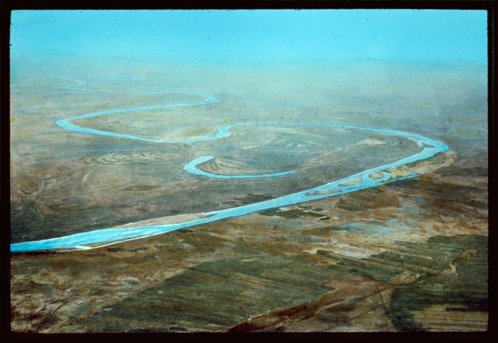 Iraq (Babylonia). Euphrates River, air, showing circuitous treeless course