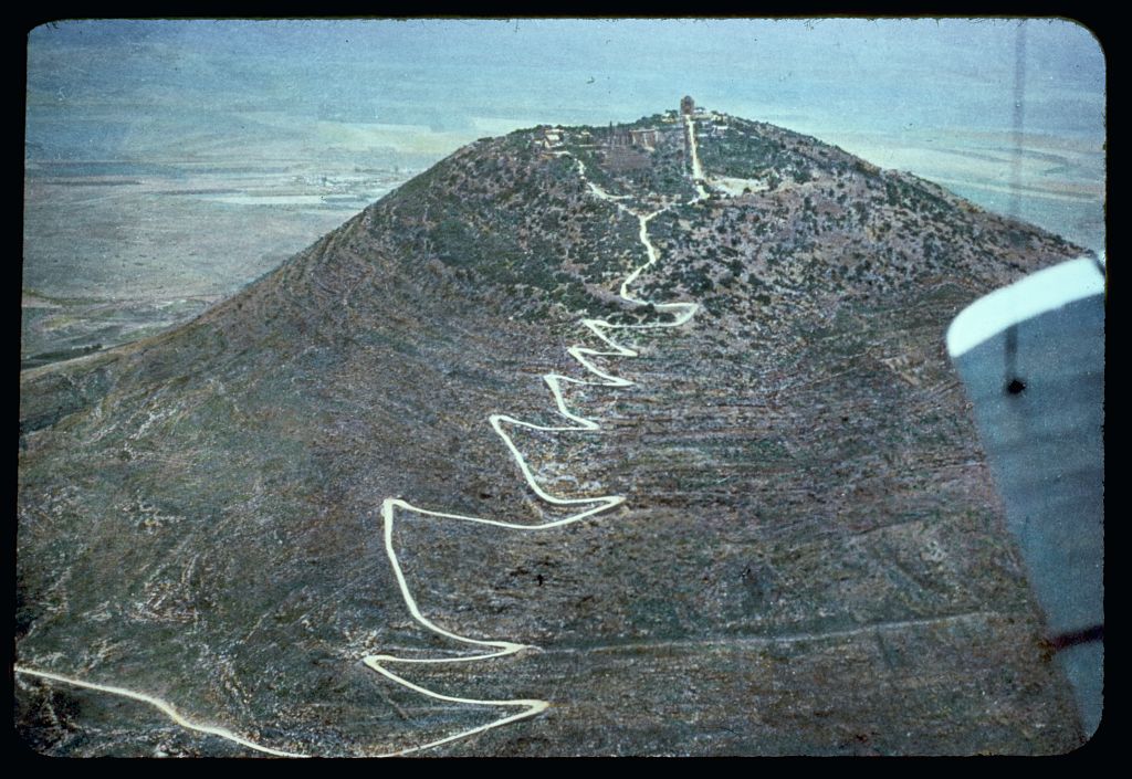Northward from Jerusalem. Mt. Tabor, showing zigzag ascent, air. Judges 4:14, Matt. 17:1
